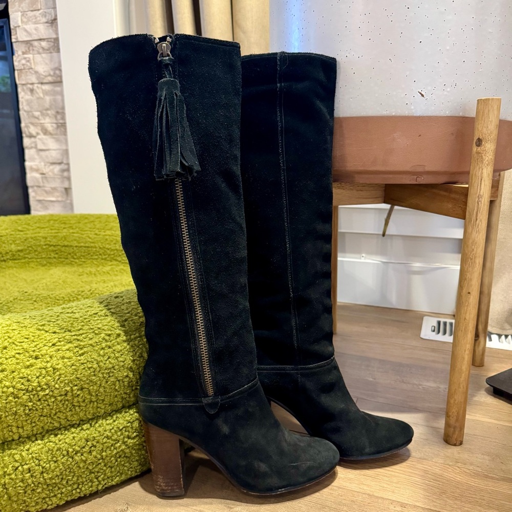 Coach Therese Black Suede Tassle Heeled Knee-High Boots - sz. 8